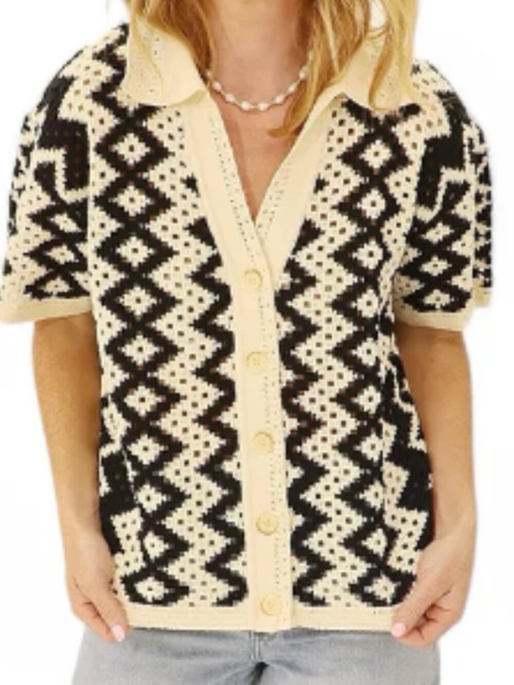 Rain + Rose Crochet Button Up Top – Black & Cream – Size Small – Textured Knit - Picture 3 of 12